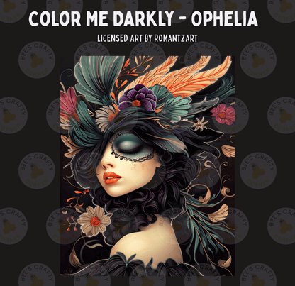 The image is a digital illustration featuring a woman with dark hair and makeup, wearing a colorful headdress with flowers and leaves. The background is dark and has a repeating pattern of circles.