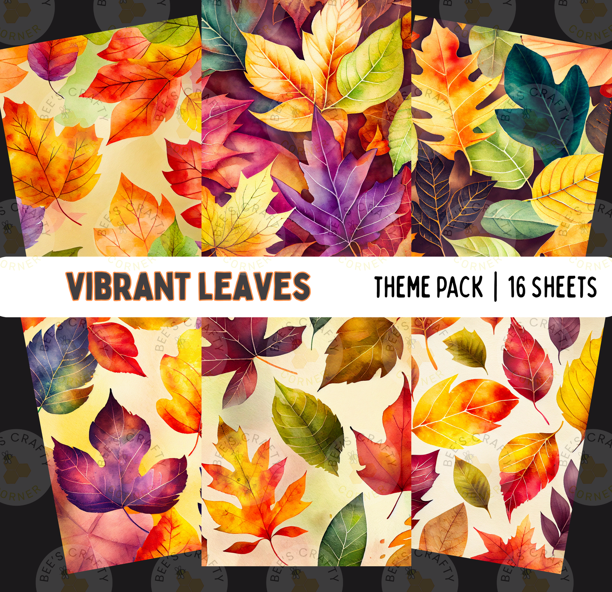 The image is a collage of 16 colorful autumn leaves, each with a unique pattern and color, arranged in a visually appealing manner.