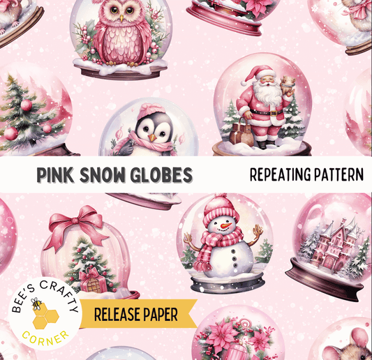 a repeating pattern of pink snow globes, each containing a different scene, such as a penguin, a snowman, a Christmas tree, and a castle.