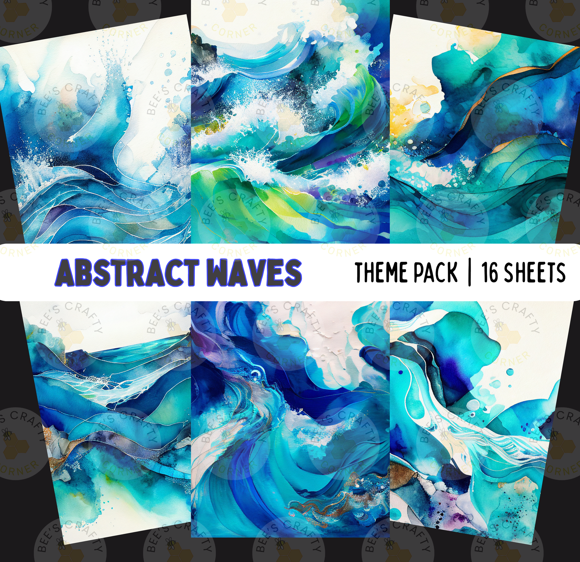 The image is a theme pack of abstract wave art, containing 16 different abstract wave designs.