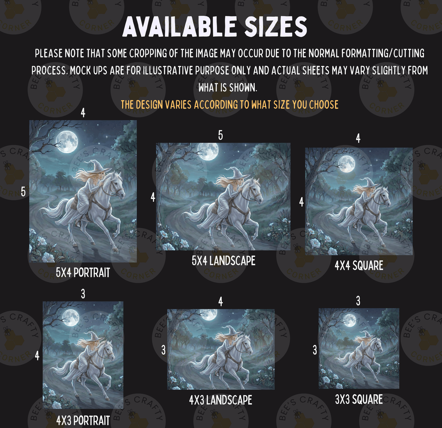 a series of six different sizes of the same painting depicting a white horse running through a forest at night.