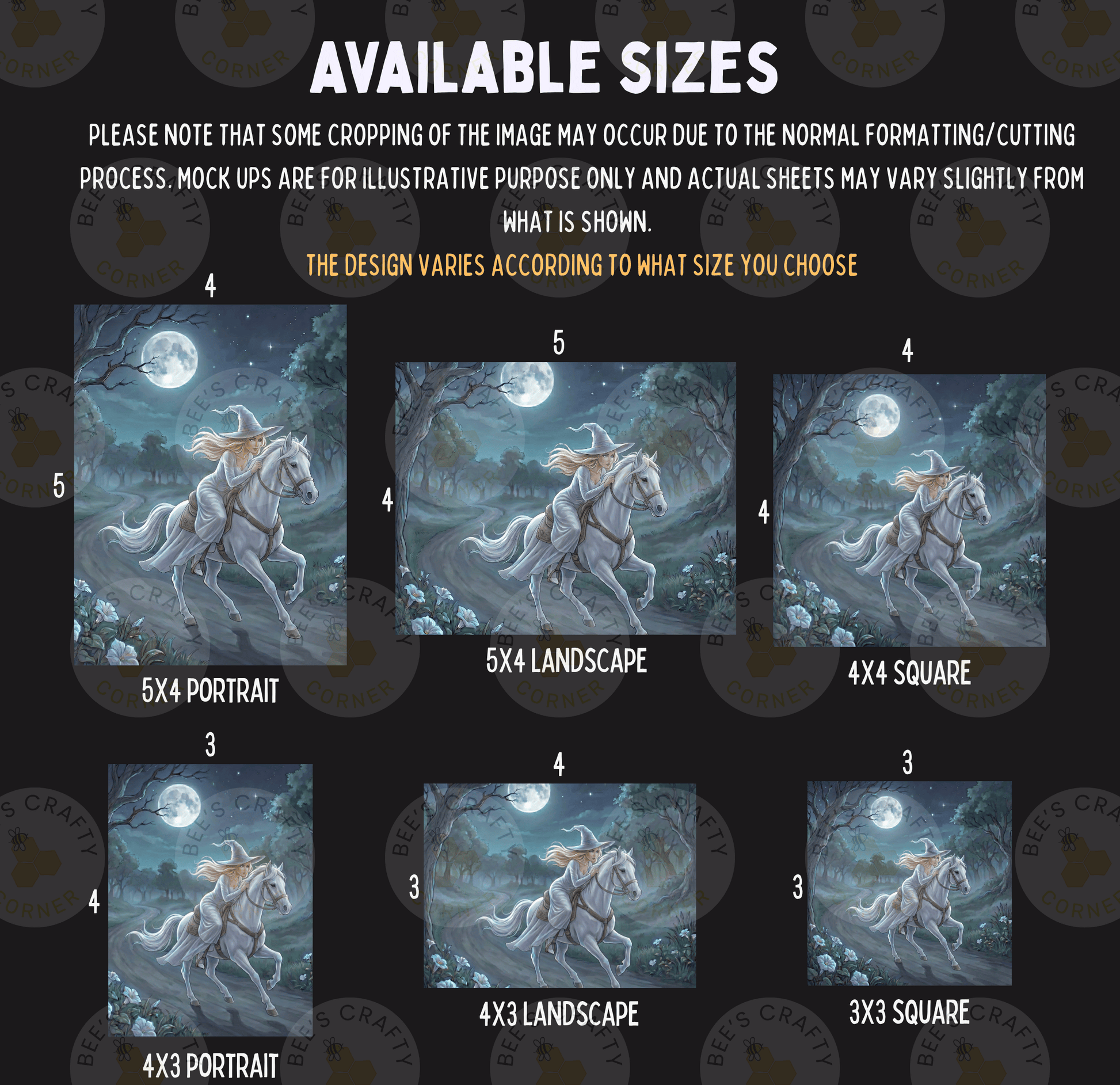 a series of six different sizes of the same painting depicting a white horse running through a forest at night.