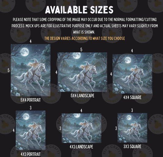 a series of six different sizes of the same painting depicting a white horse running through a forest at night.