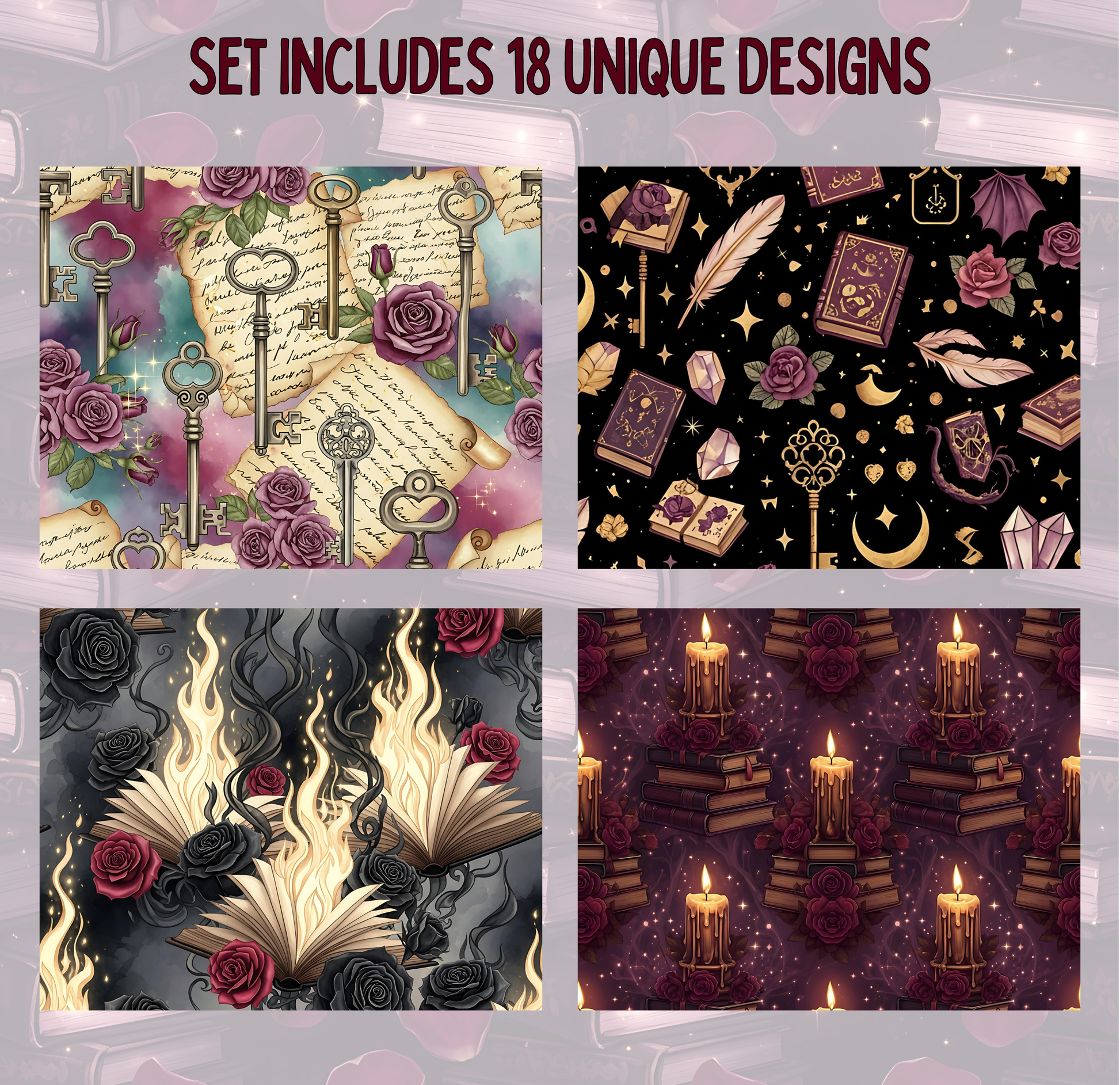 four distinct designs, each with its own unique pattern and color scheme. The designs include a floral pattern, a black and white pattern, a pattern with candles and roses, and a pattern with a book and a crescent moon.
