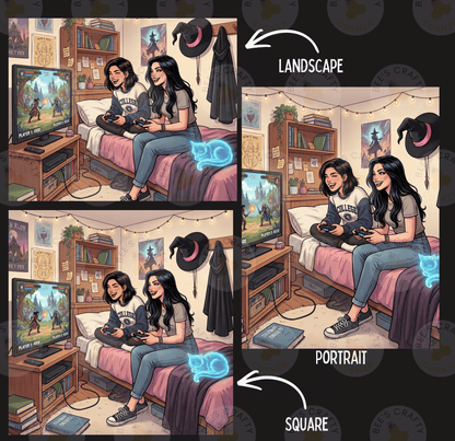 The image is a collage of three images depicting a bedroom scene with two young women playing video games. The first image shows the girls sitting on a bed, the second image shows the girls sitting on a couch, and the third image shows the girls sitting on a bed. The text "LANDSCAPE" and "PORTRAIT" are used to differentiate between the different scenes.