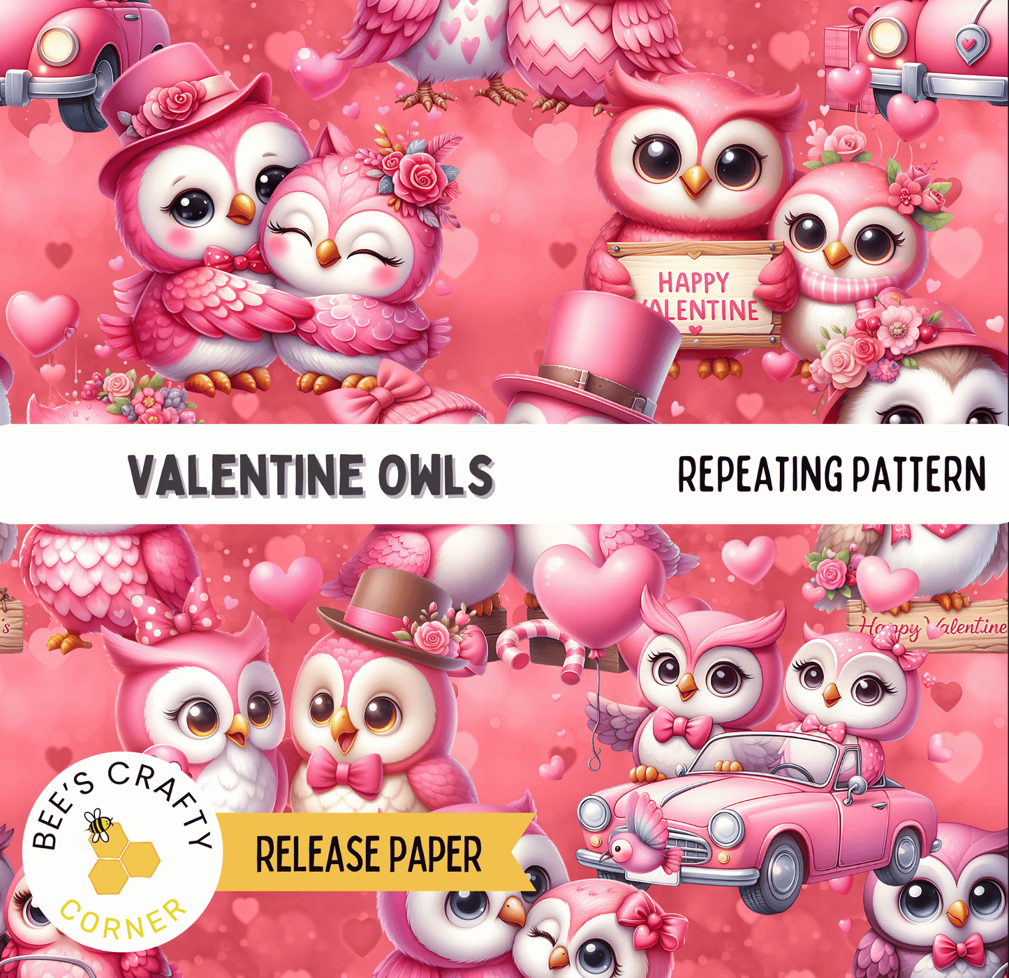 The image is a collage of various pink and white illustrations of owls, including a couple, a baby owl, and other owl characters, all set against a pink background with hearts and flowers.