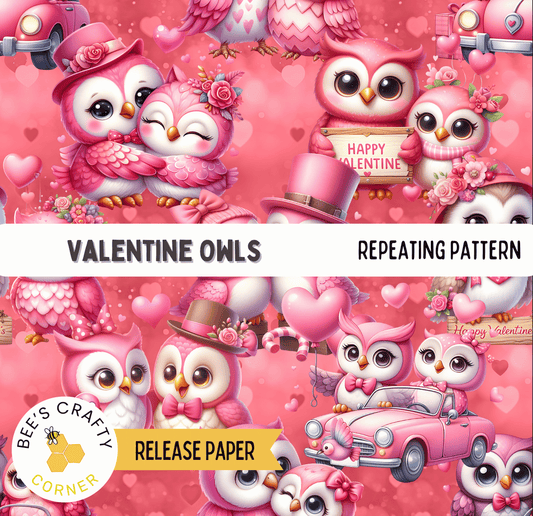 The image is a collage of various pink and white illustrations of owls, including a couple, a baby owl, and other owl characters, all set against a pink background with hearts and flowers.