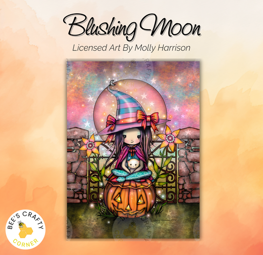 The image is a digital illustration featuring a young girl dressed as a witch, sitting on a carved pumpkin and holding a small cat. The background includes a castle, a pumpkin, and a starry sky, creating a whimsical and magical atmosphere.
