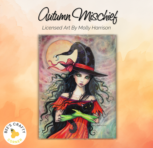The image is a colorful illustration of a woman wearing a witch's hat and holding a black cat.