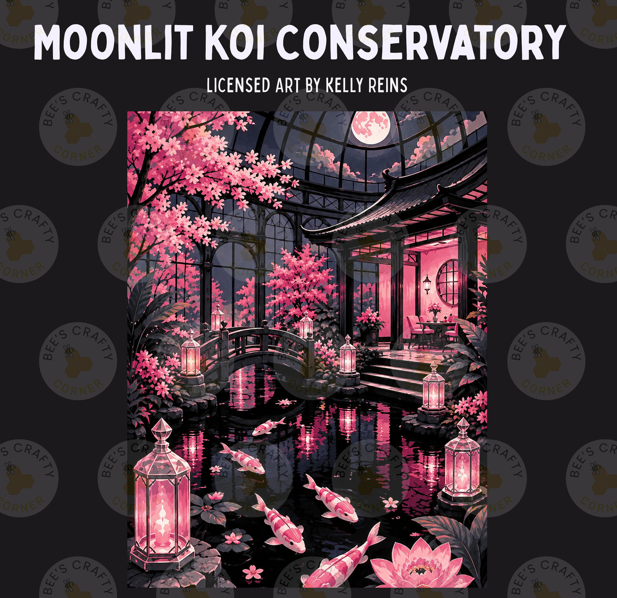 a painting of a japanese garden with lanterns and flowers