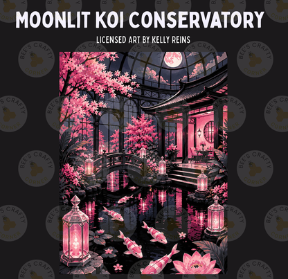 a painting of a japanese garden with lanterns and flowers