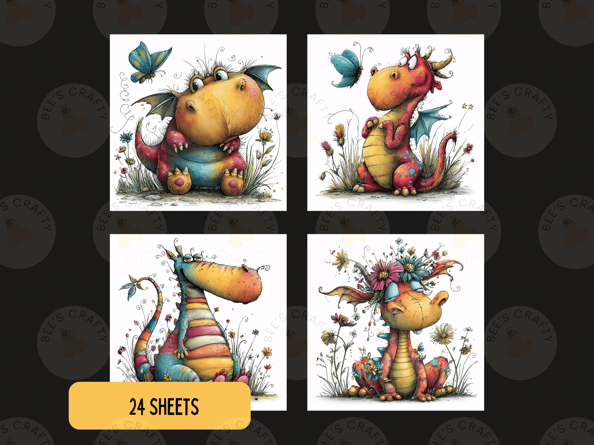 four colorful and whimsical illustrations of dragons, each with unique features and expressions.