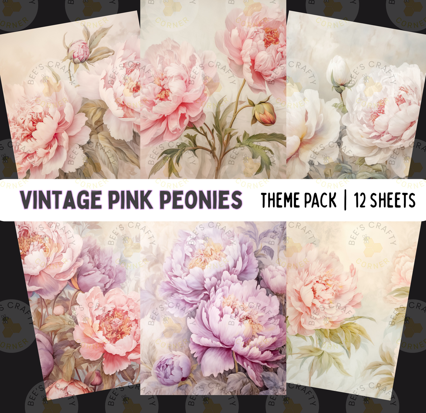 The image is a collage of six different floral designs featuring pink peonies. The designs showcase various shades of pink and purple peonies, creating a visually appealing and harmonious composition.