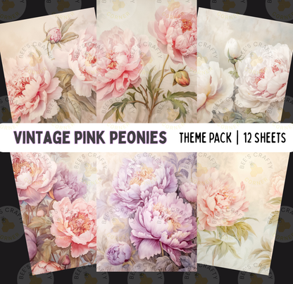 The image is a collage of six different floral designs featuring pink peonies. The designs showcase various shades of pink and purple peonies, creating a visually appealing and harmonious composition.