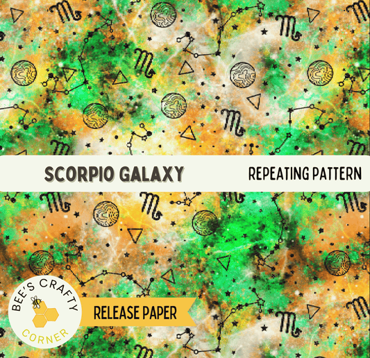 The image is a repeating pattern of the Scorpio Galaxy, a zodiac sign, with various astrological symbols and celestial elements such as planets, stars, and constellations. The pattern is vibrant and colorful, creating a visually striking and cosmic-inspired design.