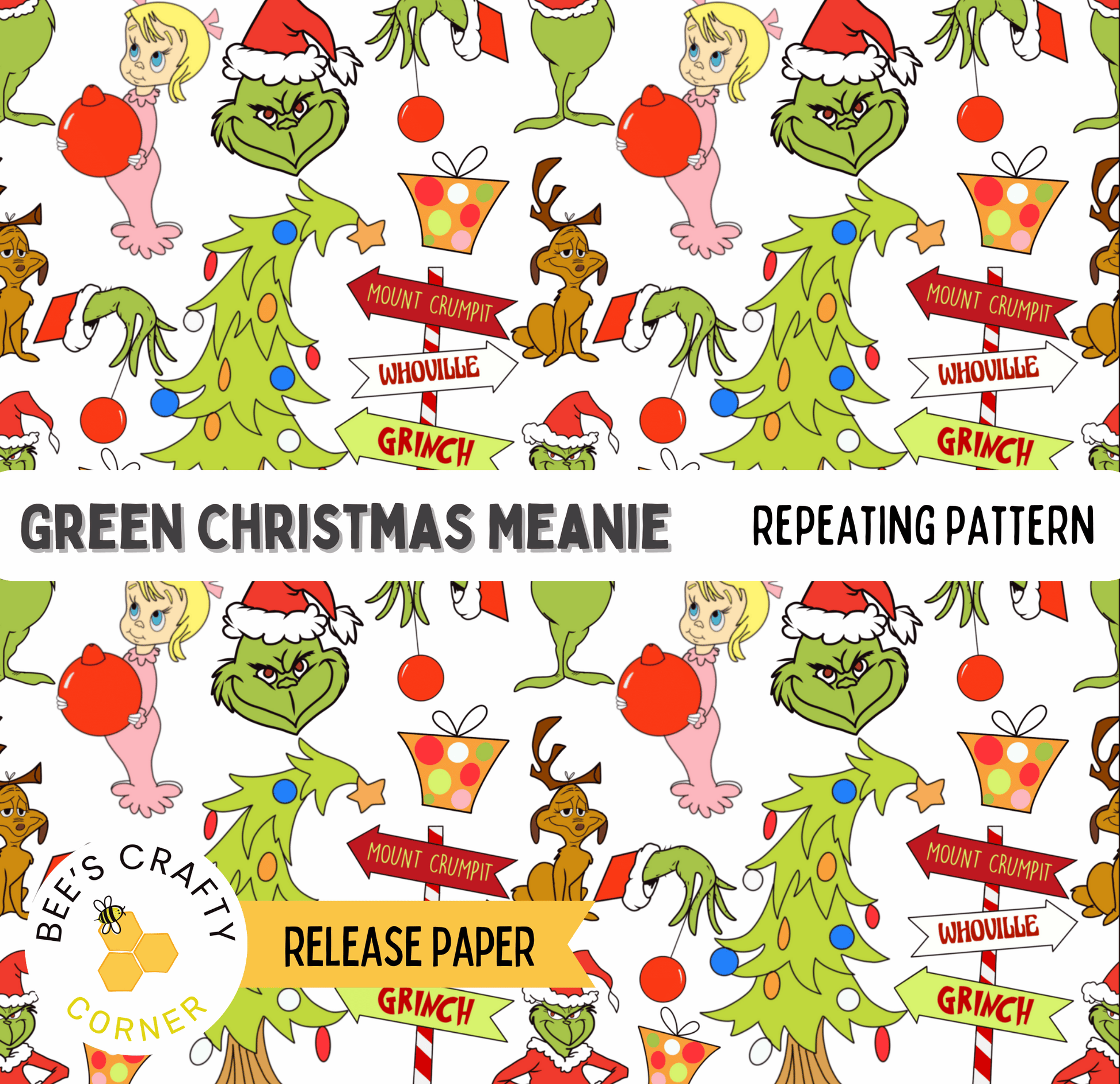 The image is a repeating pattern featuring various Christmas-themed elements, including a Grinch, a Christmas tree, presents, and other festive decorations.