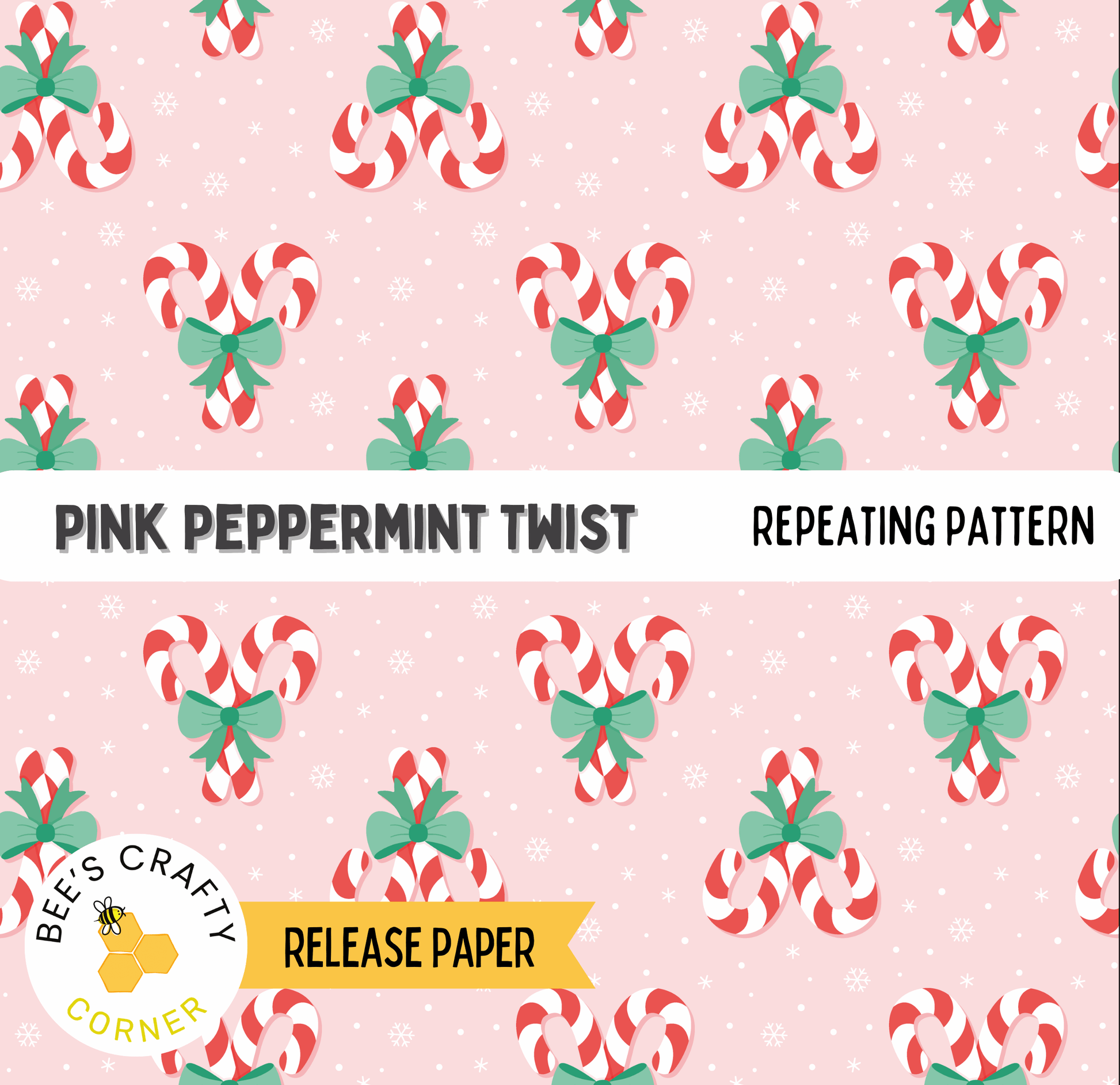 The image is a repeating pattern of pink and white candy canes with green bows, creating a festive and holiday-themed design.