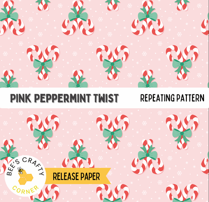 The image is a repeating pattern of pink and white candy canes with green bows, creating a festive and holiday-themed design.