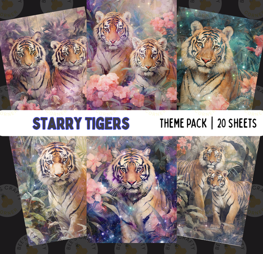 The image is a theme pack containing 20 sheets featuring various artistic interpretations of a tiger. The sheets showcase different perspectives and artistic styles, including close-up shots of the tiger's face and more expansive, abstract representations of the animal.