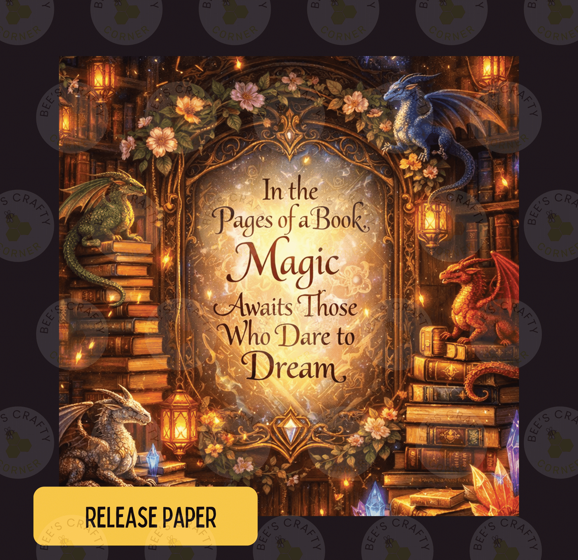 The image is a vibrant and detailed illustration of a fantasy scene, featuring three dragons, books, and a glowing, ornate frame. The text within the image reads "In the pages of a book, Magic awaits those who dare to dream."