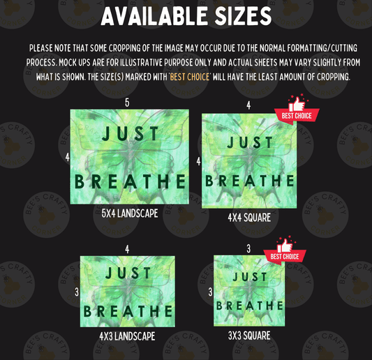 four different sizes of a landscape with the text "Just Breathe" displayed on it.