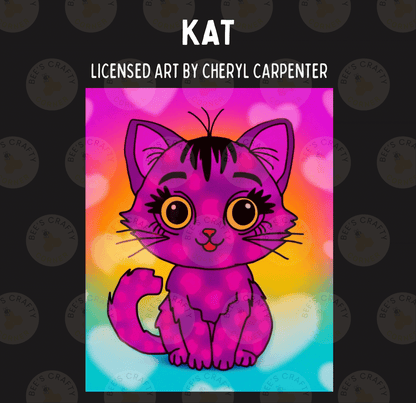 A colorful illustration of a cat with large eyes and a pink fur pattern, set against a background of a gradient of pink, orange, and yellow colors.
