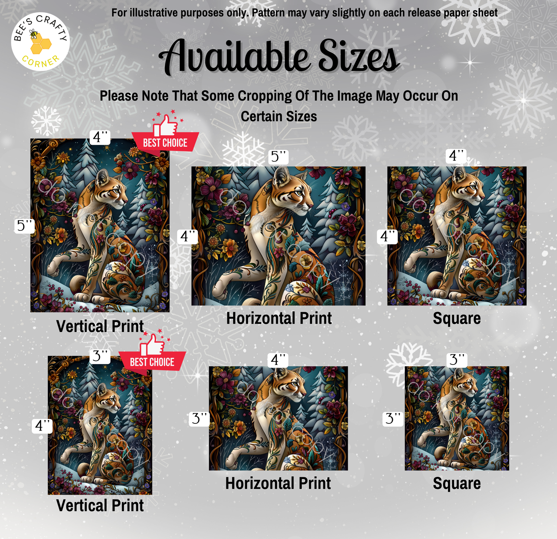 The image is a collection of six different sizes of the same artwork, featuring a tiger in a forest setting. The sizes range from 4" to 5" and include vertical, horizontal, and square prints. The artwork is described as a "Best Choice" for vertical print, and it is available in various sizes, including 4" and 5" prints. The image is not a collage of multiple images, but rather a single artwork in different sizes.