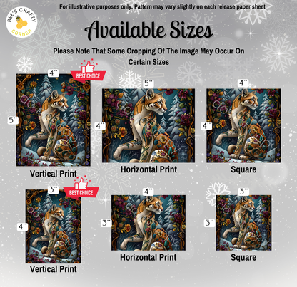 The image is a collection of six different sizes of the same artwork, featuring a tiger in a forest setting. The sizes range from 4" to 5" and include vertical, horizontal, and square prints. The artwork is described as a "Best Choice" for vertical print, and it is available in various sizes, including 4" and 5" prints. The image is not a collage of multiple images, but rather a single artwork in different sizes.