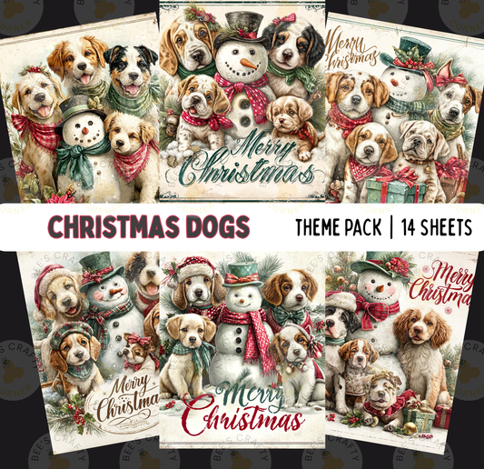 The image is a collage of Christmas-themed dog illustrations, featuring various breeds of dogs dressed in festive attire and surrounded by snowmen and other holiday decorations.