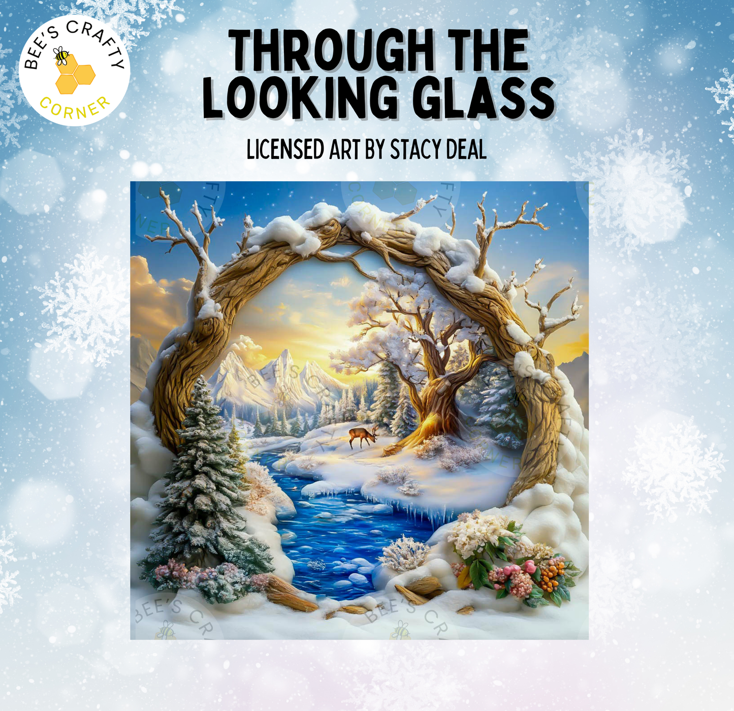 The image is a painting titled "Through the Looking Glass" by an artist named Stacy Deal. The painting depicts a snowy landscape with a frozen river, trees, and a deer. The artist's name is displayed in the top left corner, and the painting is described as "LICENSED ART BY STACY DEAL" in the top right corner.