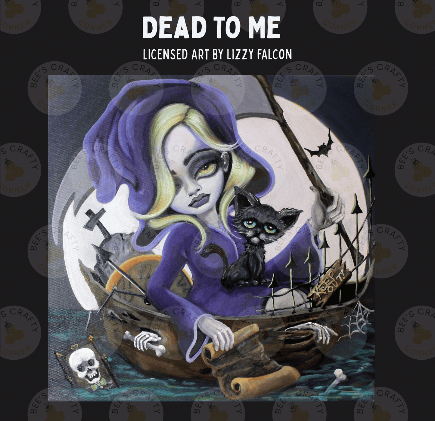 The image is a painting depicting a woman in a witch's hat and purple dress, holding a black cat, on a boat surrounded by bats, skulls, and other Halloween-themed elements.