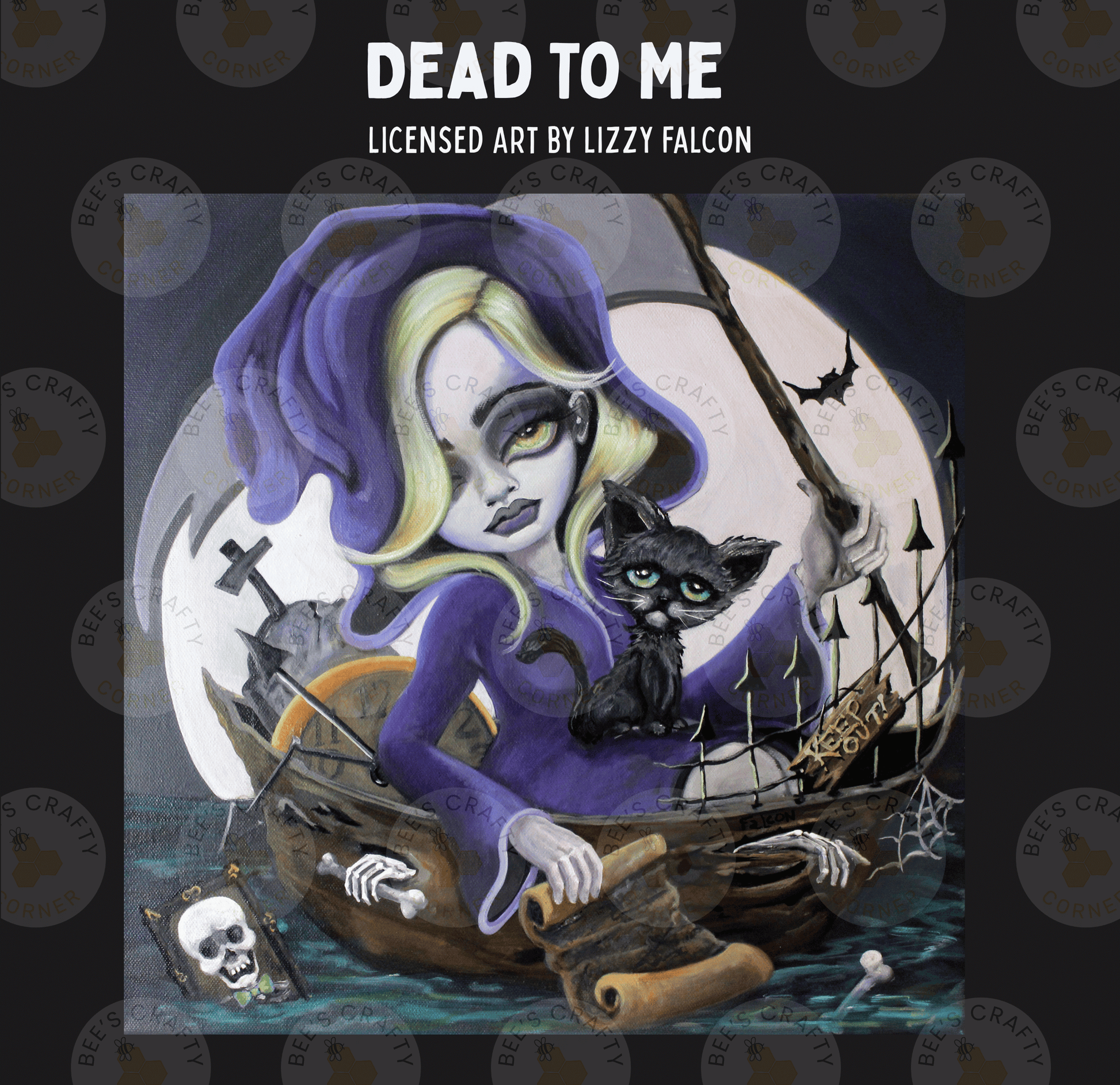 The image is a painting depicting a woman in a witch's hat and purple dress, holding a black cat, on a boat surrounded by bats, skulls, and other Halloween-themed elements.