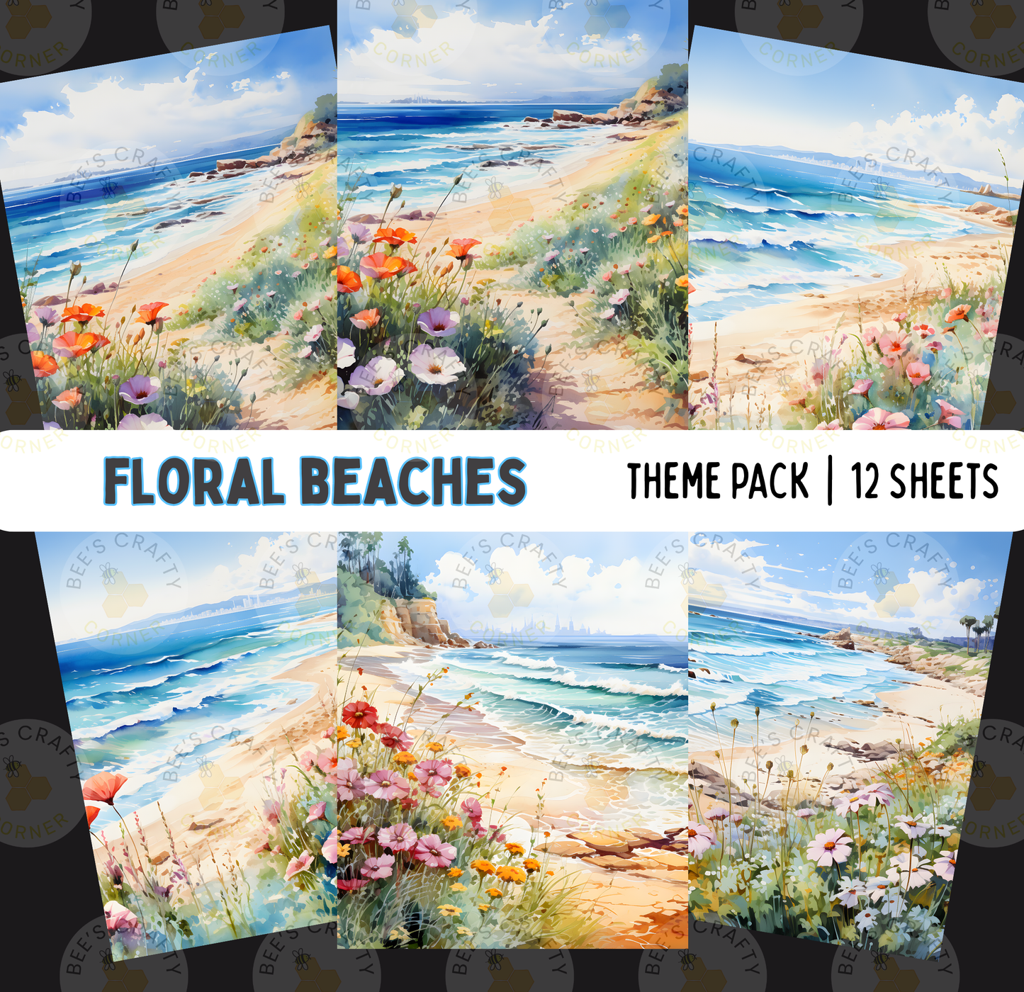 The image is a theme pack of 12 watercolor paintings depicting various floral beach scenes.