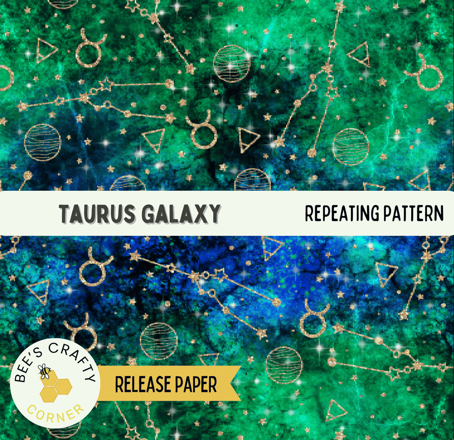 The image is a repeating pattern of the Taurus Galaxy, a zodiac sign, against a background of blue and green hues with gold stars and celestial elements.
