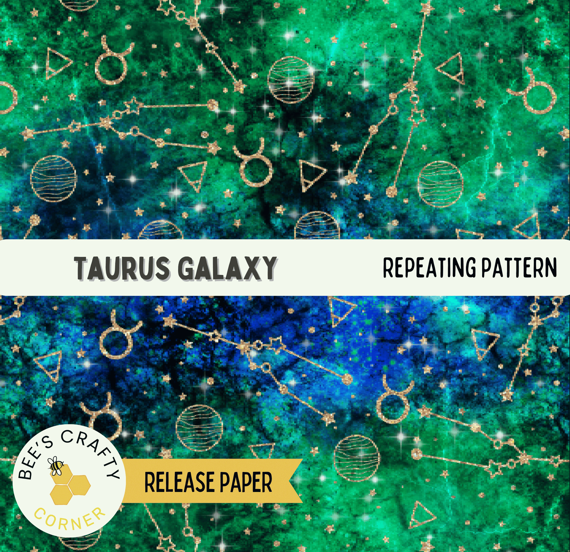 The image is a repeating pattern of the Taurus Galaxy, a zodiac sign, against a background of blue and green hues with gold stars and celestial elements.