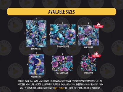 The image is a collection of six different floral designs, each with a different size and format, available for purchase. The sizes range from 5x4 to 5x6, and the formats include portrait, landscape, square, and square. The image also includes a note about the normal formatting and suggests that the cropping of the image may vary due to the normal formatting process. The sizes are marked with the best choice, and the image is described as a collage of multiple images.