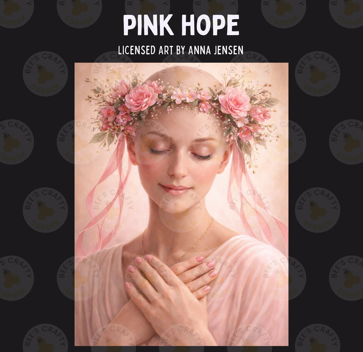 The image is a digital art piece featuring a woman with her eyes closed, wearing a pink headpiece with pink flowers.