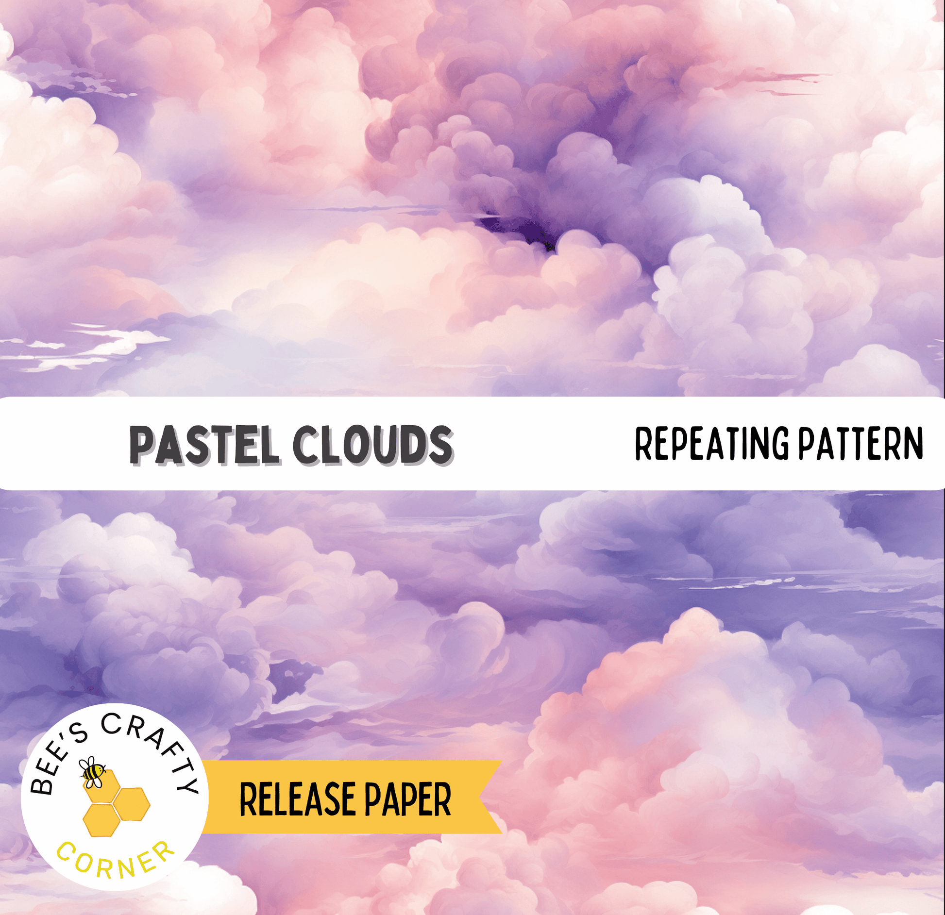 The image is a pastel-colored collage of clouds, with a repeating pattern of pink, purple, and white hues.