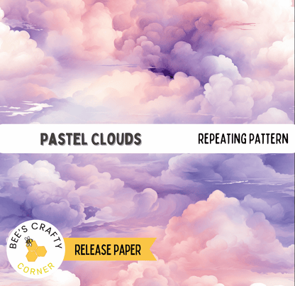 The image is a pastel-colored collage of clouds, with a repeating pattern of pink, purple, and white hues.