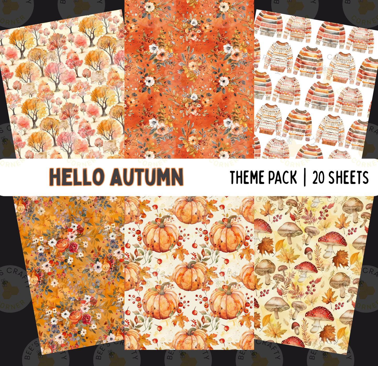 a collection of six different autumn-themed patterns, including floral designs, pumpkins, mushrooms, and sweaters. The patterns are arranged in a grid format, with each pattern occupying a separate square. The text "Hello Autumn" is displayed prominently in the center of the image, indicating the theme of the collection.