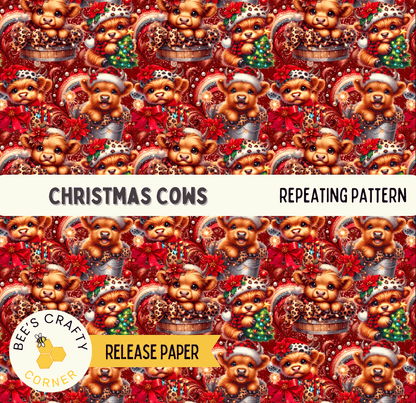 The image is a repeating pattern of Christmas cows, featuring various brown cows wearing festive hats and accessories such as Christmas trees, ribbons, and ornaments.