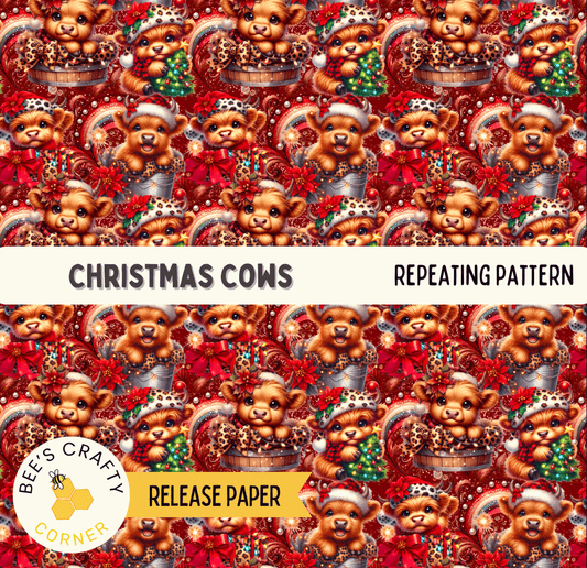 The image is a repeating pattern of Christmas cows, featuring various brown cows wearing festive hats and accessories such as Christmas trees, ribbons, and ornaments.
