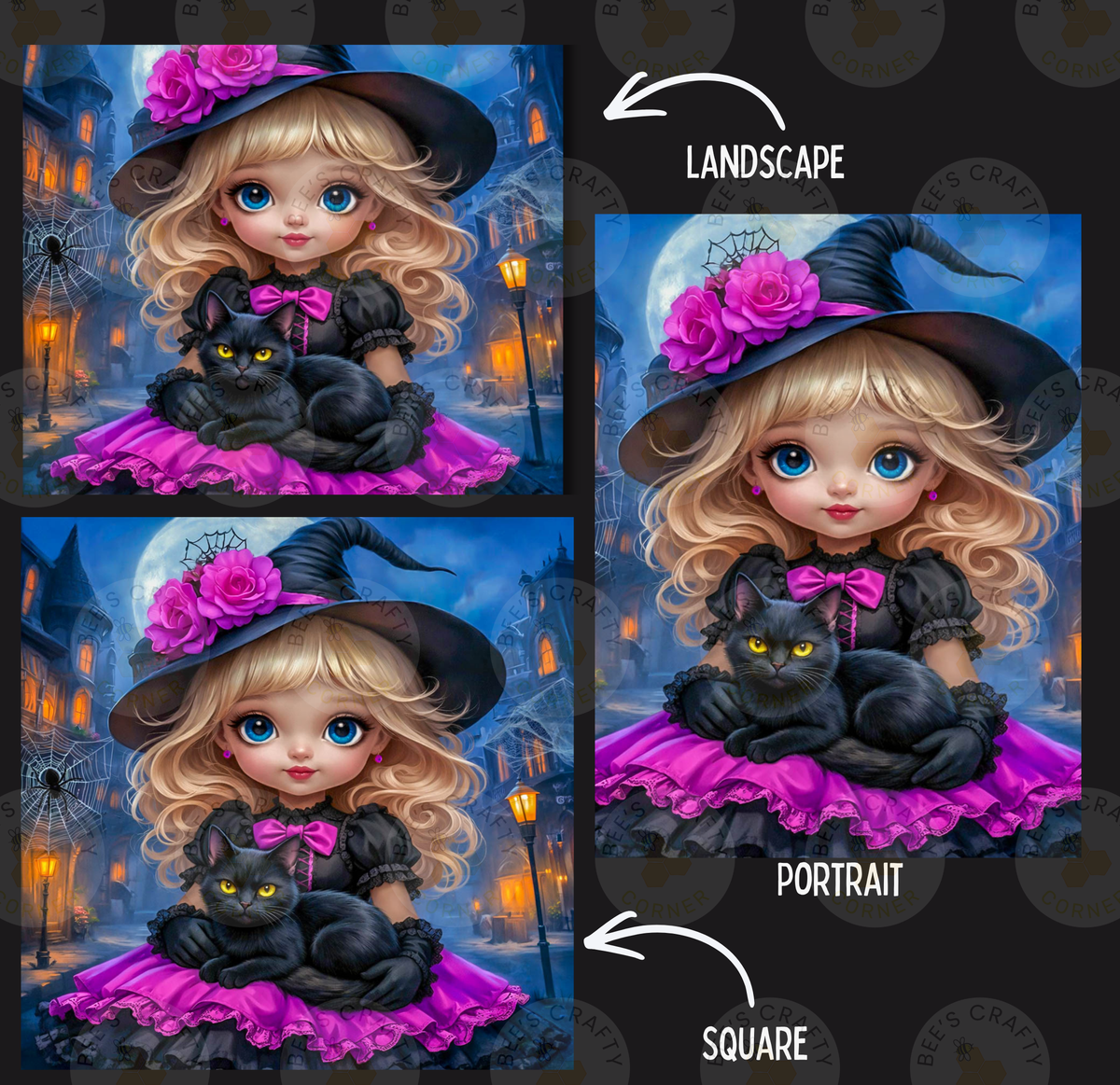 The image is a collage of three images depicting a young girl with blonde hair, wearing a black dress and a witch's hat, holding a black cat. The girl is shown in different poses, such as sitting and standing, and the collage includes a landscape and a portrait of the girl.