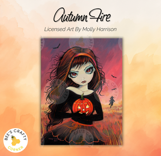 The image is a painting depicting a young woman with long, dark hair and a pumpkin in her hand, set against a colorful autumn landscape with a red sky and silhouettes of bats.