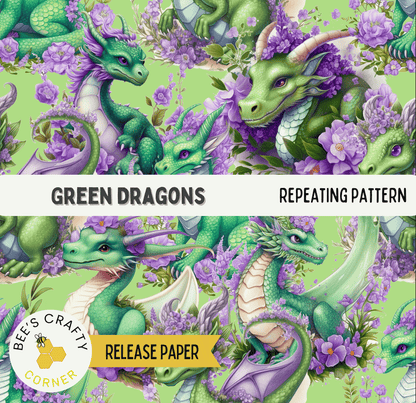 The image is a repeating pattern of green dragons surrounded by purple flowers.