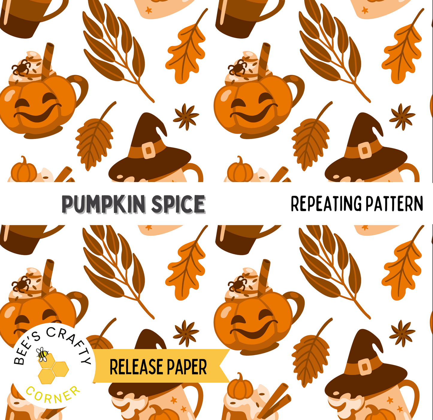 The image is a repeating pattern of Halloween-themed objects, including pumpkins, mugs, and leaves, with the text "PUMPKIN SPICE" and "REPEATING PATTERN" visible.
