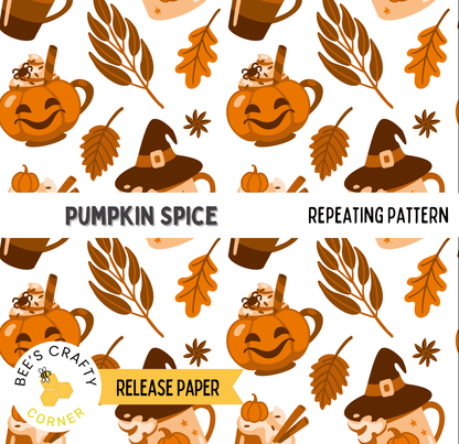 The image is a repeating pattern of Halloween-themed objects, including pumpkins, mugs, and leaves, with the text "PUMPKIN SPICE" and "REPEATING PATTERN" visible.