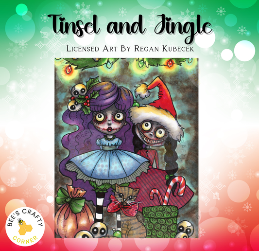 The image is a vibrant and whimsical illustration featuring two girls dressed in festive holiday attire, surrounded by various holiday-themed elements such as a jingle bell, candy canes, and a gingerbread man.