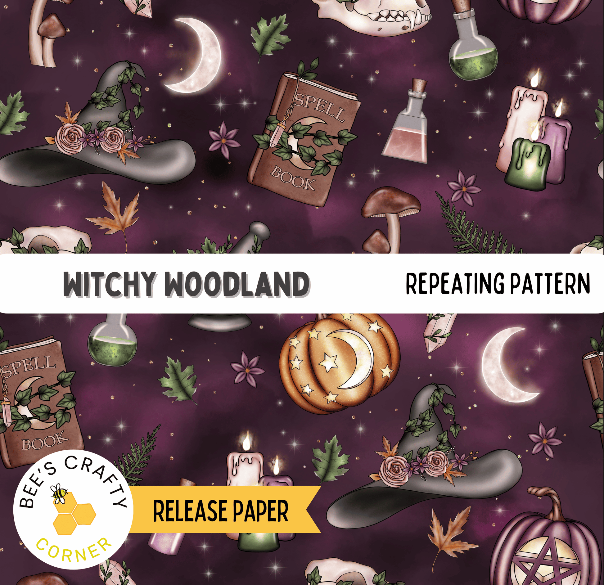 The image is a repeating pattern of various Halloween-themed items, including a witch's hat, a crescent moon, a skull, a candle, a pumpkin, and a book titled "Witchy Woodland".