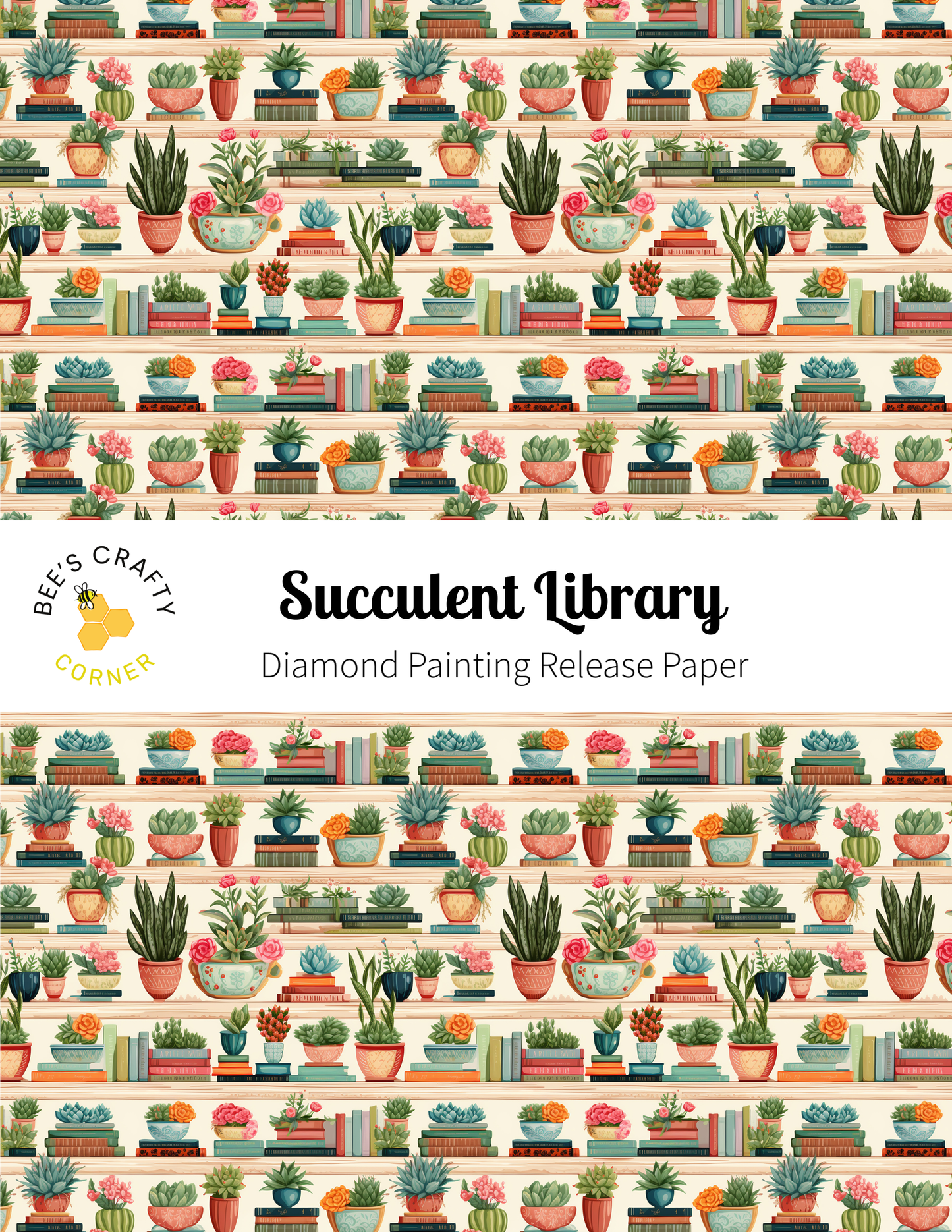 The image is a repeating pattern of various potted plants and books, creating a visually appealing and harmonious design.